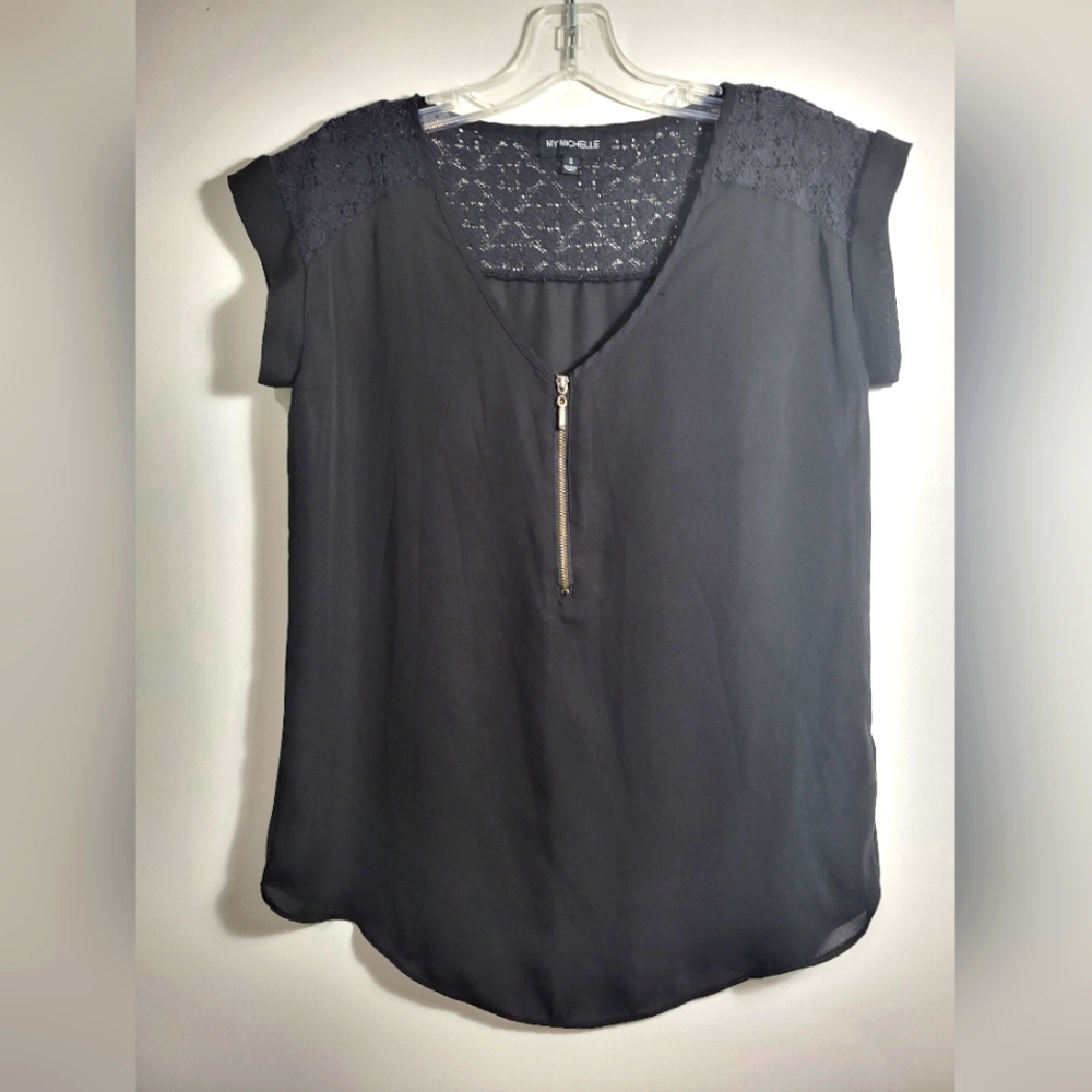 My Michelle black silky v-neck tunic w/half zipper   women's S  #1931